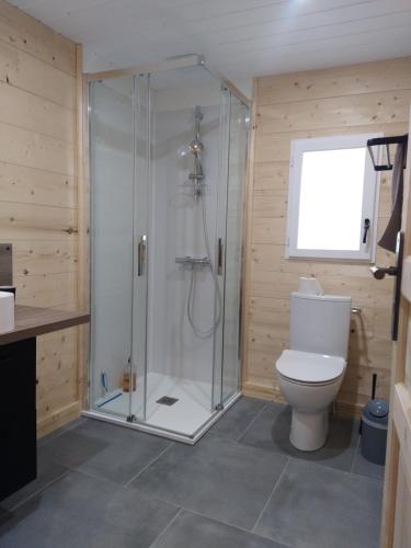 une salle de bain avec douche et toilettes dans l'établissement Les gîtes d'Alex 1, à Quend