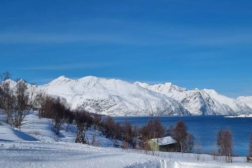 una cordillera nevada con un lago y una casa en Hele utleiebolig Årøybuktneset, en Lyngseidet