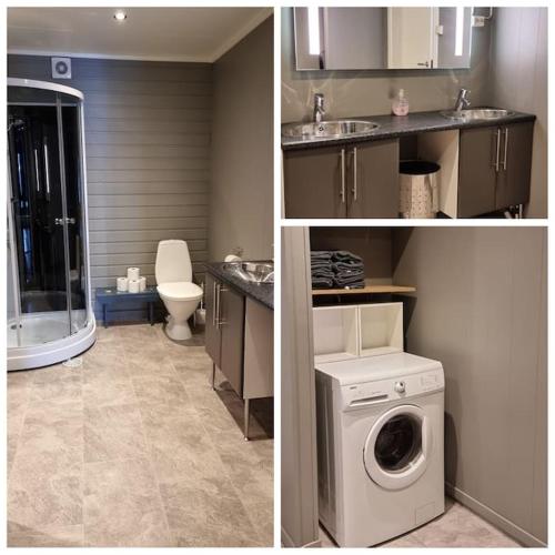 three pictures of a bathroom with a washing machine at Hele utleiebolig Årøybuktneset in Lyngseidet