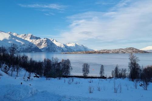 a view of a lake with snow covered mountains at Hele utleiebolig Årøybuktneset in Lyngseidet