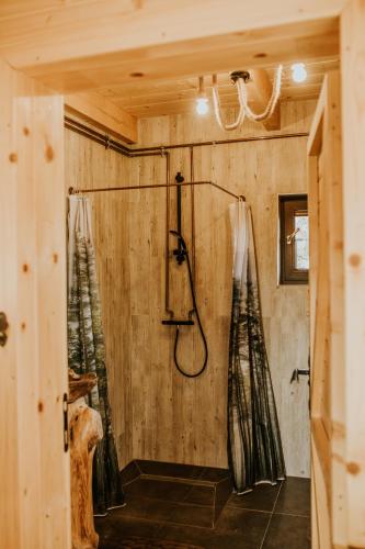a bathroom with a shower in a wooden wall at Prawie na końcu drogi in Rabka-Zdroj