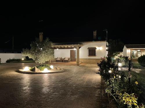 une cour d'une maison avec une fontaine la nuit dans l'établissement Vivienda Rural El Chirimbolo, à Conil de la Frontera