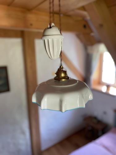 a light hanging from a ceiling in a bedroom at Roubenka svatý Vít in Važice