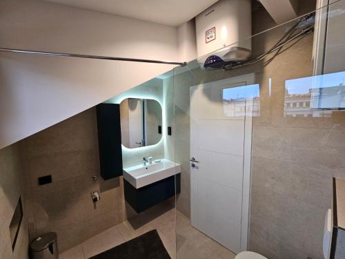 een badkamer met een wastafel en een spiegel bij Apartments Elfie in Sarajevo