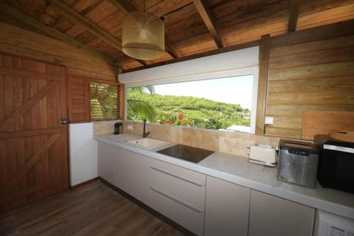 une cuisine avec un évier et une fenêtre dans l'établissement Le Loys Martinique, à Sainte-Anne
