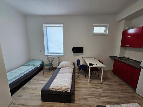 een kamer met 2 bedden, een tafel en een bureau bij Ubytování Střekov Aréna in Ústí nad Labem