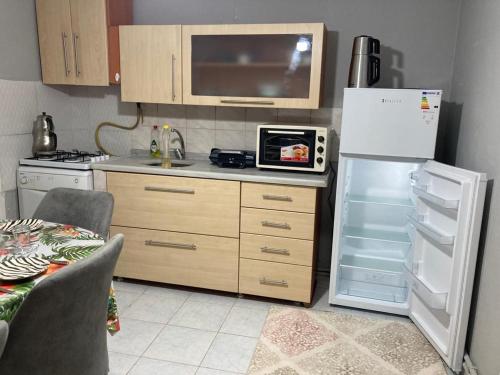 La cuisine est équipée d'un réfrigérateur blanc et d'un four micro-ondes. dans l'établissement AR İSTANBUL, à Istanbul