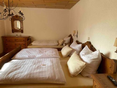a bedroom with two beds and a dresser and a mirror at Ferien auf dem Eliesenhof in Welzheim
