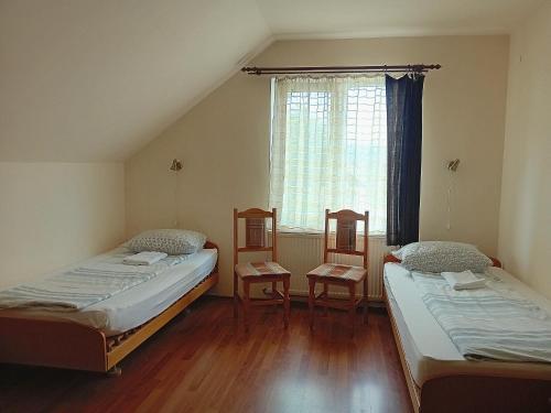 2 Betten in einem kleinen Zimmer mit Fenster in der Unterkunft PENSIUNEA BIO in Coltău