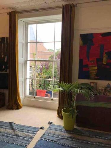 a living room with a window and a potted plant at Stunning Arty Apartment in the heart of Clifton in Bristol