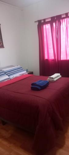 a bedroom with a red bed with red curtains at Lo de Elena in Ushuaia