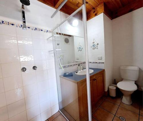 a bathroom with a toilet and a sink and a shower at Carras Loft Villa Near the Sea Sleeps 5 in Mandurah