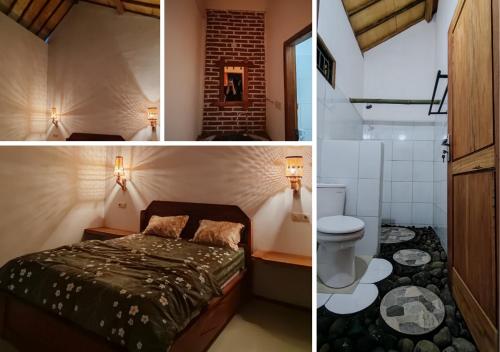 three pictures of a bedroom with a bed and a toilet at Sarang Walet Homestay in Tetebatu