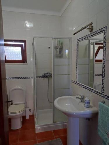 a bathroom with a shower and a sink and a toilet at Monte da Figueira in Melides