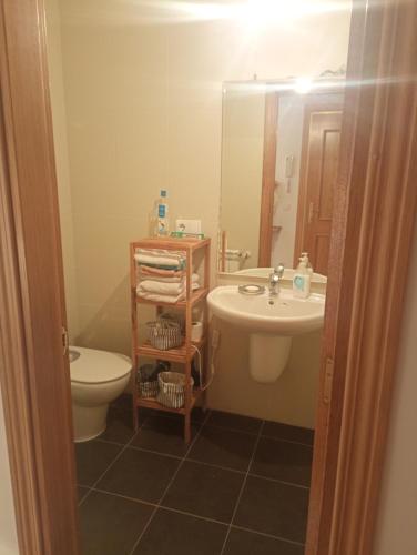 La salle de bains est pourvue d'un lavabo, de toilettes et d'un miroir. dans l'établissement Apartamento con terraza, à Comillas