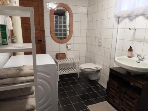 een badkamer met een wastafel, een toilet en een spiegel bij Tommen’s Crib in Hemsedal