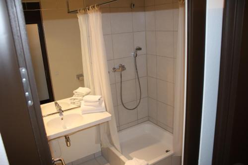 ein Bad mit einer Dusche und einem Waschbecken in der Unterkunft AK 1 Hotel in Ducherow