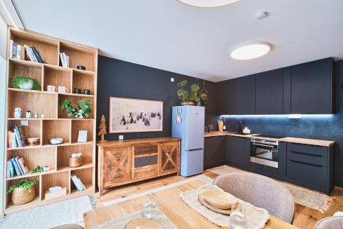 cocina con armarios negros y nevera azul en Jasmínový Ráj, en Vítkovice