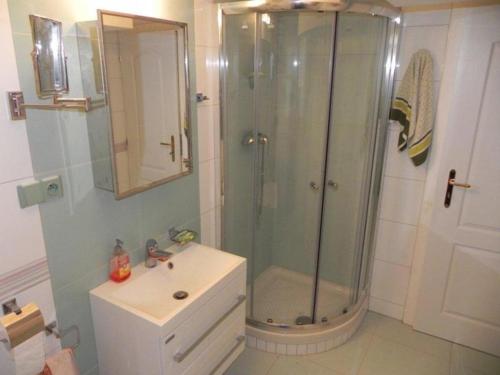 a bathroom with a glass shower and a sink at Vinný sklípek U Nováků in Vrbovec