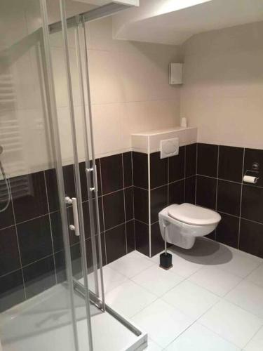 une salle de bain avec toilettes et douche en verre dans l'établissement Chez Veronique, à Menton