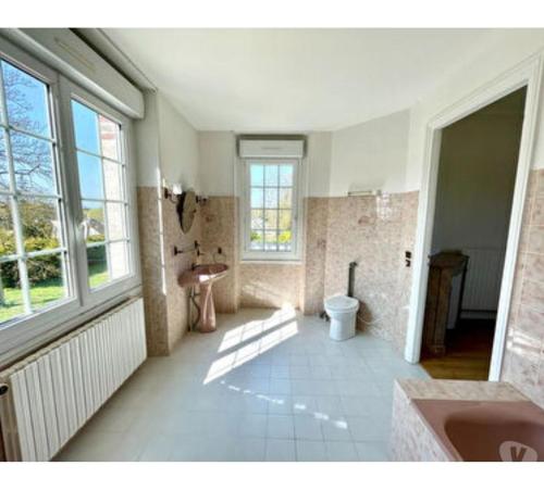 a bathroom with a sink and a toilet and a window at APPARTEMENT AVEC VUE à 180 DEGRES SUR UN PARC ARBORE CALME PARKING in Senlis