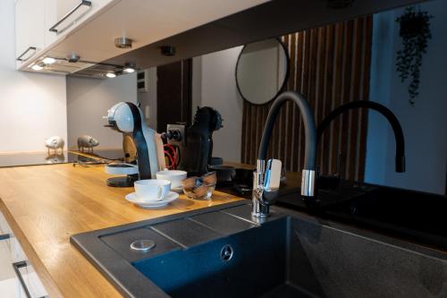 a kitchen counter with a sink and a mirror at Apartament Sun Hill in Wisła