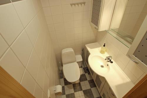 a small bathroom with a toilet and a sink at Juolukka in Syöte