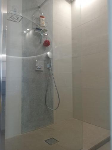 une douche avec une porte vitrée dans une salle de bain dans l'établissement Magnifique 4 COUCHAGES FRONT MER, à Menton