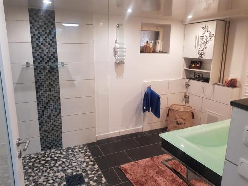 a bathroom with a shower and a green sink at Natur in Blankenhain