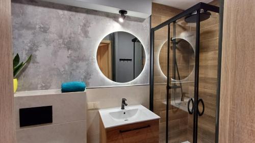 uma casa de banho com um lavatório e um chuveiro com um espelho. em Sky View em Varsóvia