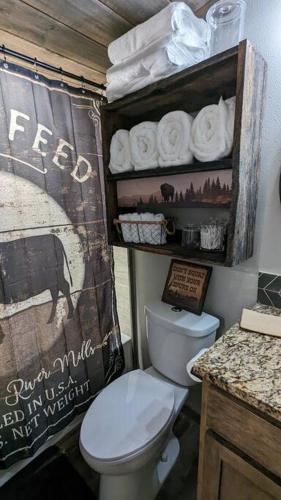 a bathroom with a toilet and towels on a shelf at Enjoy Ozark History in Style! in Hasty