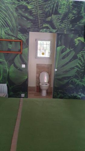La salle de bains est pourvue de toilettes avec des plantes vertes sur le mur. dans l'établissement La chambre émeraude, à Fayence