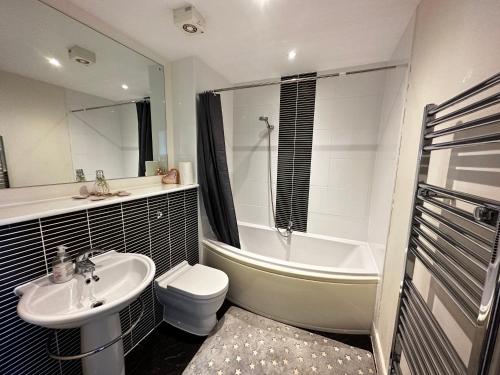 a bathroom with a sink and a tub and a toilet at Stunning Ocean & City View APT in Swansea