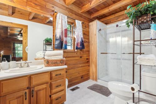 ein Bad mit einer Dusche, einem WC und einem Waschbecken in der Unterkunft Cabin Bliss - Just 1 Mile from Lake Lanier in Oscarville
