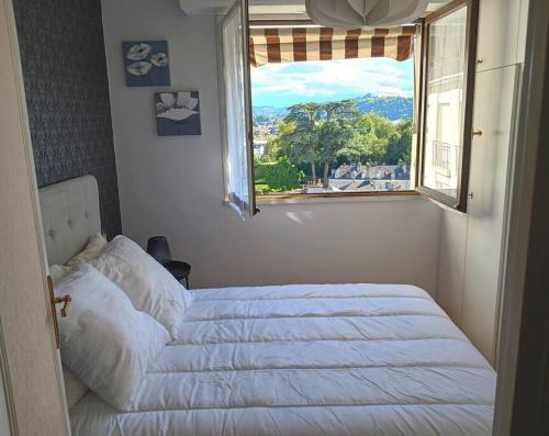 een slaapkamer met een wit bed en een raam bij Pau centre vue sur les Pyrénées pour 2 nuits au minimum in Pau