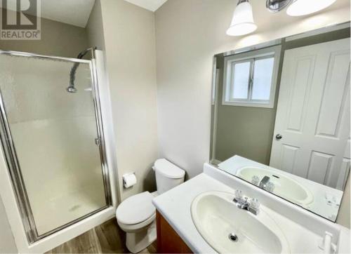欣頓的住宿－Hinton Alberta Vacation Home，一间带水槽、淋浴和卫生间的浴室