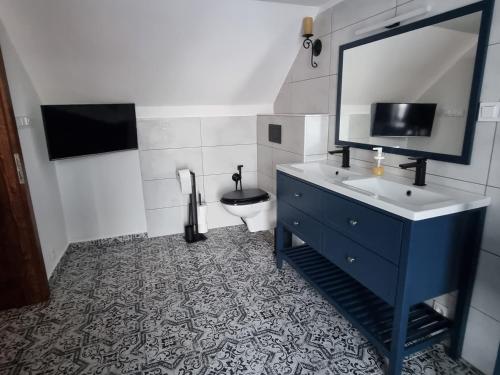 y baño con lavabo, aseo y espejo. en Luxusní apartmán s krbem - Kunratické Švýcarsko, en Kunratice