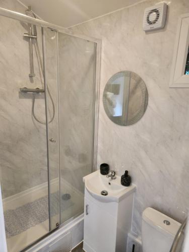 a bathroom with a shower and a toilet and a sink at Cosy Studio Flat in Bexleyheath