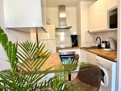 uma cozinha com armários brancos e uma mesa com uma planta em Le cocon marnais - appart 2P em Villiers-sur-Marne