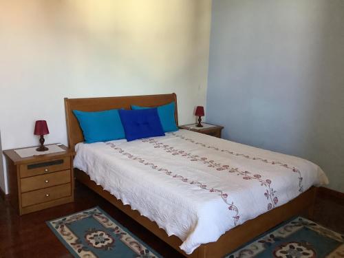 ein Schlafzimmer mit einem großen Bett mit blauen Kissen in der Unterkunft Casa das Camélias in Gouveia