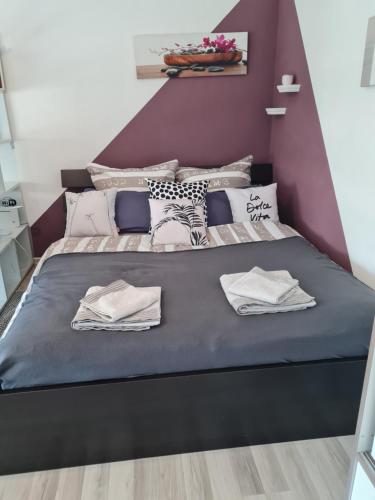 a bedroom with a bed with a purple wall at Apartment in TOP Lage Durlacher Tor/KIT in Karlsruhe