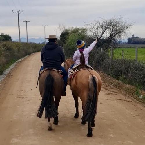 two people riding horses down a dirt road at Hotel Parronales in Santa Cruz