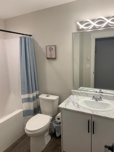 a bathroom with a toilet and a sink and a mirror at Modern 2BR Guest House in North Nanaimo in Nanaimo