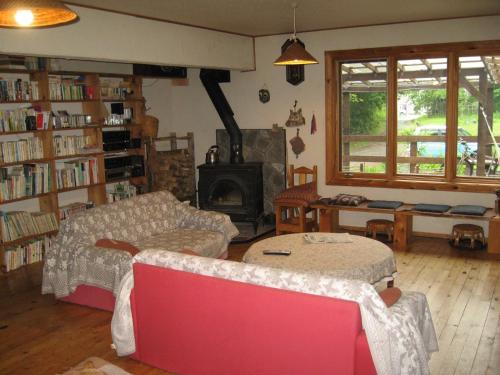 a living room with a couch and a fireplace at Toipirka Kitaobihiro Youth Hostel in Otofuke