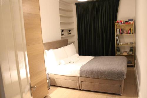a small bedroom with a bed and a book shelf at Cosy 1 Bed Flat in Central London with View of Shard in London