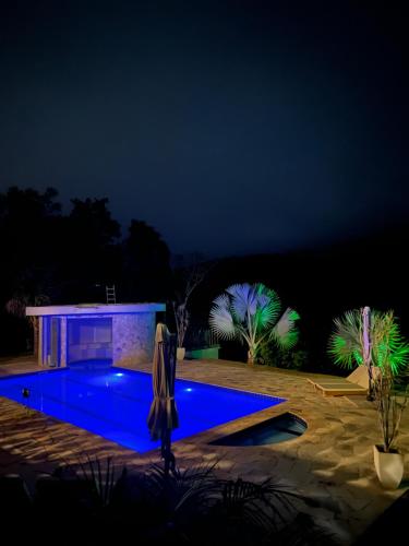 a person standing next to a swimming pool at night at Camacica pousada in Miracatu