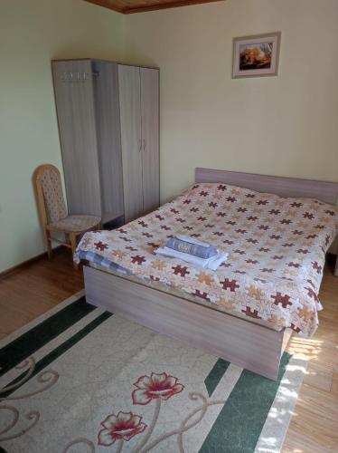 a bedroom with a bed and a chair in it at Осенний Иссык Куль in Cholpon-Ata