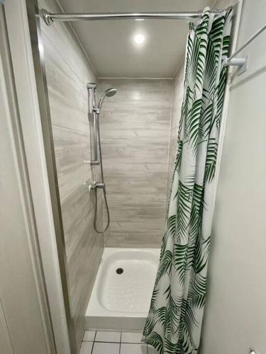 a bathroom with a shower with a shower curtain at Suite Caraïbe vue mer in Le Diamant