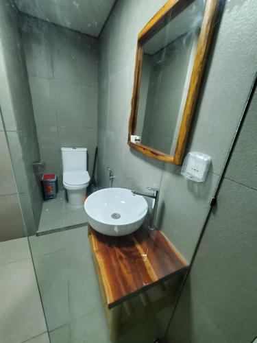 a bathroom with a sink and a toilet and a mirror at Sun & Surf in Thulusdhoo