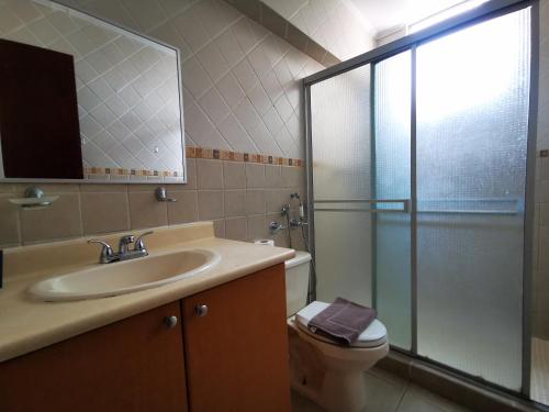 a bathroom with a toilet and a sink and a shower at Habitación privada en zona exclusiva in Panama City